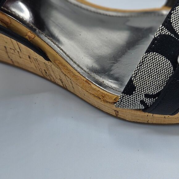 Coach Black Signature Jacquard Cork Wedge Sandals Women’s Size 9B Buckle Strap - Picture 3 of 6